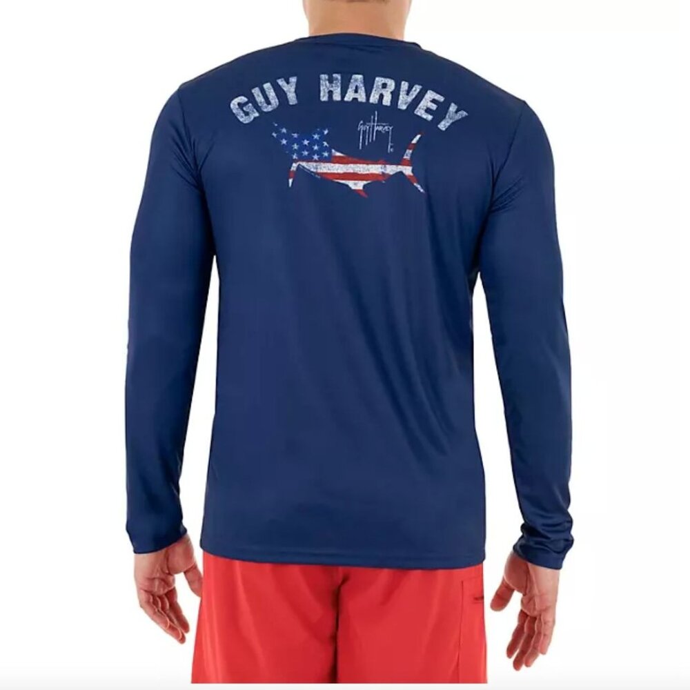 Guy Harvey Long Sleeve fishing beachTee XXL Blue Graphic Print Crewneck